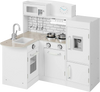 Kids kitchen playset in white with stove, sink, refrigerator, and realistic microwave for imaginative cooking fun.