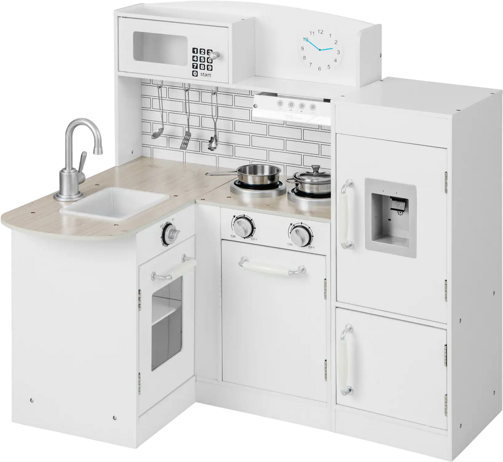 Kids kitchen playset in white with stove, sink, refrigerator, and realistic microwave for imaginative cooking fun.