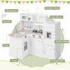 Kids kitchen playset featuring a white L-shaped design with stove, sink, refrigerator, and realistic water dispenser.