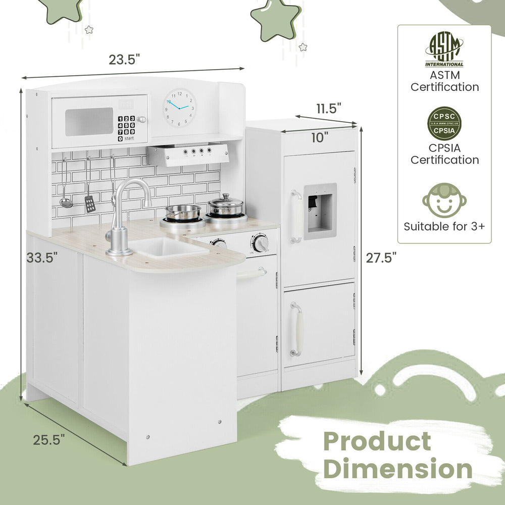 Kids kitchen playset in white featuring a stove, sink, and refrigerator for realistic cooking fun and easy storage.