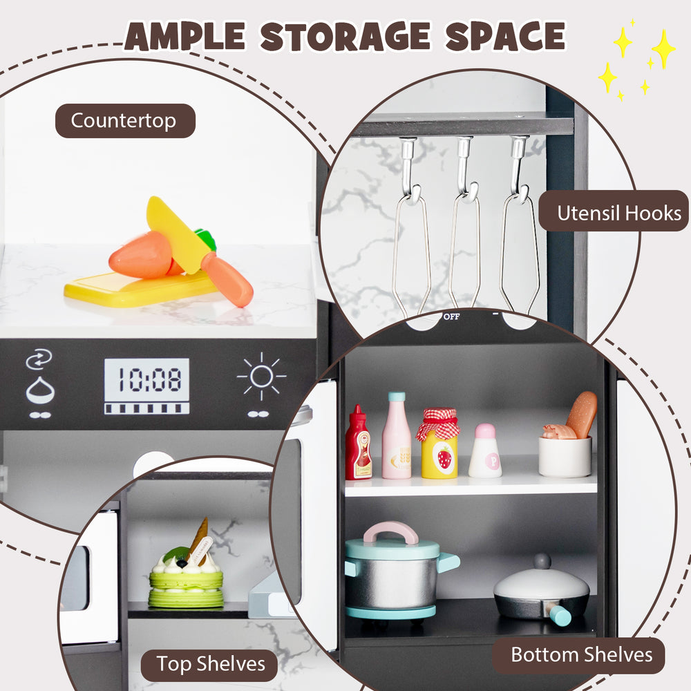 Kids Corner Pretend Kitchen Playset showing ample storage space with utensil hooks and shelves for imaginative play.