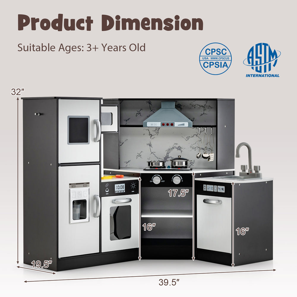 Kids Corner Pretend Kitchen Playset with washing basin, stovetop, and accessories for imaginative play in limited space.