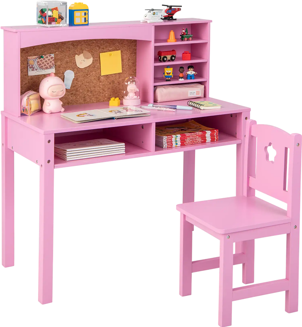Kids pink desk and chair set with hutch and bulletin board, featuring ample storage for books and supplies.