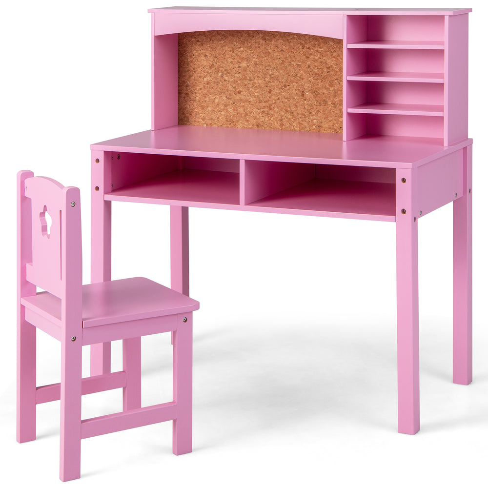 Kids pink desk and chair set with hutch, cork bulletin board, and storage for books, ideal for studying and creativity.