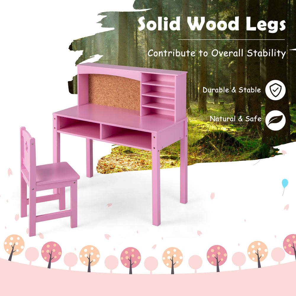Kids desk and chair set in pink with hutch and bulletin board, featuring solid wood legs for stability and ample.