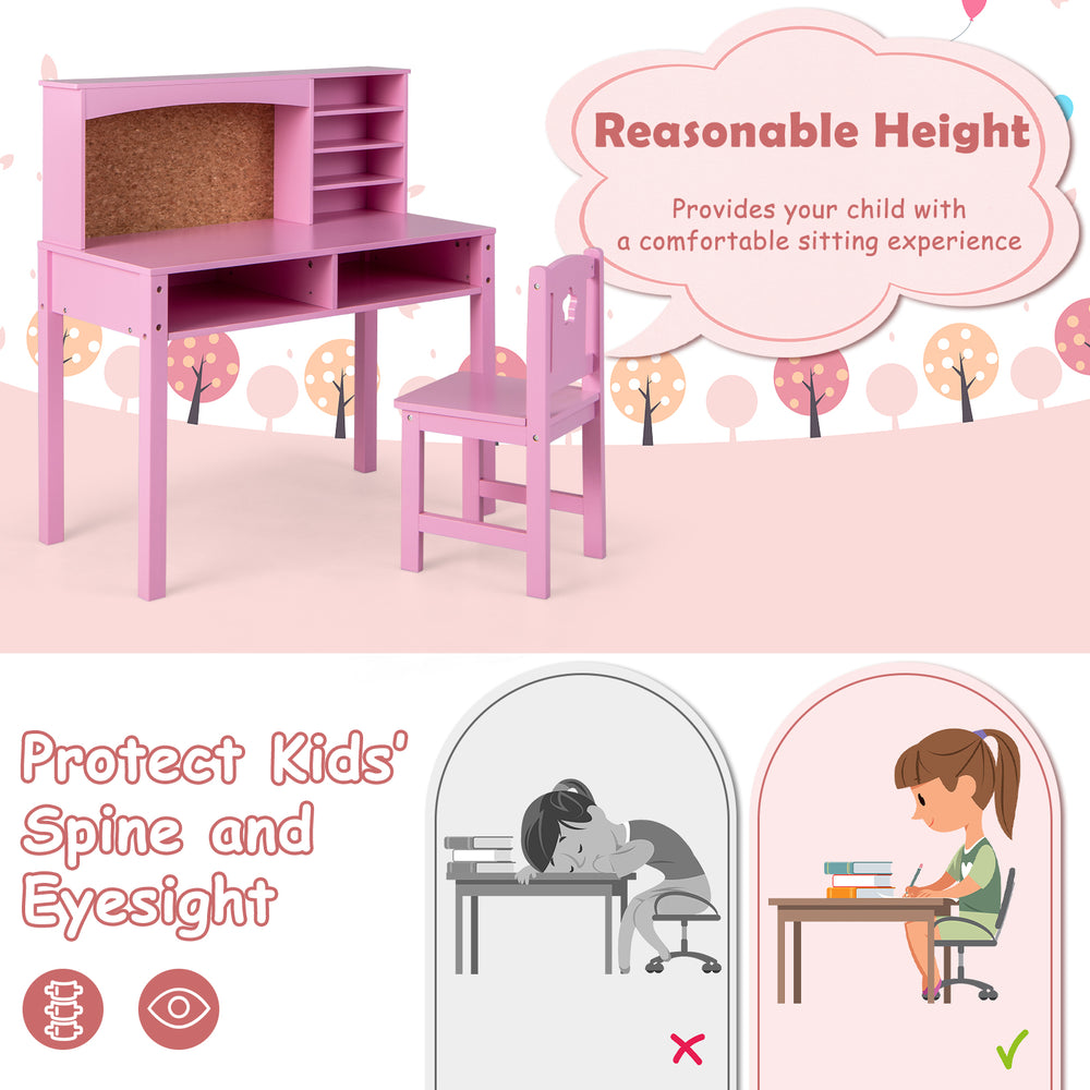 Kids desk and chair set in pink with hutch and bulletin board, ideal for studying and organizing kids' belongings.