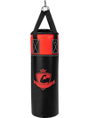 Kids hanging punching bag set in black and red, designed for training Karate and Taekwondo, includes gloves and durable.