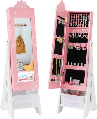 Costway Kids Jewelry Cabinet Full-Length Mirror Foldable Drawer 21536894 New