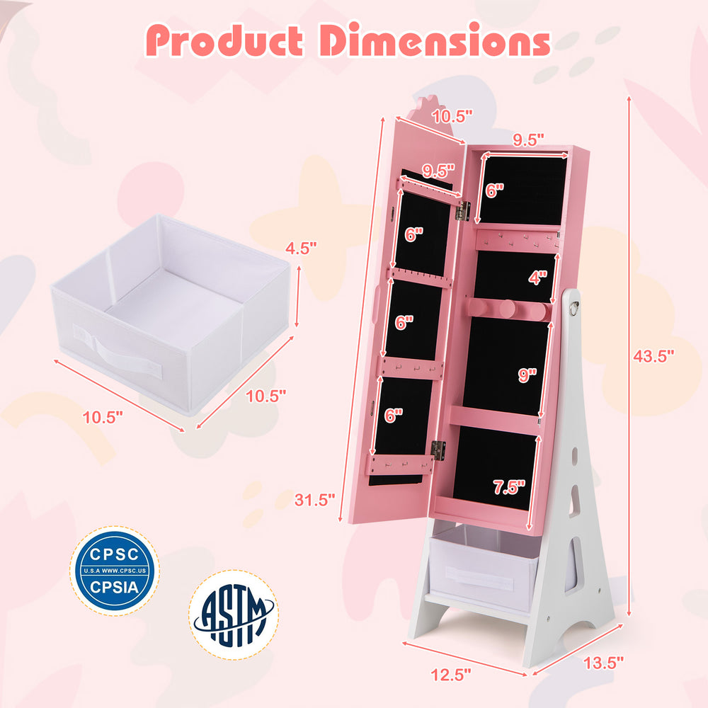 Kids Jewelry Cabinet with Full-Length Mirror and Foldable Drawer - Gallery View 4 of 10