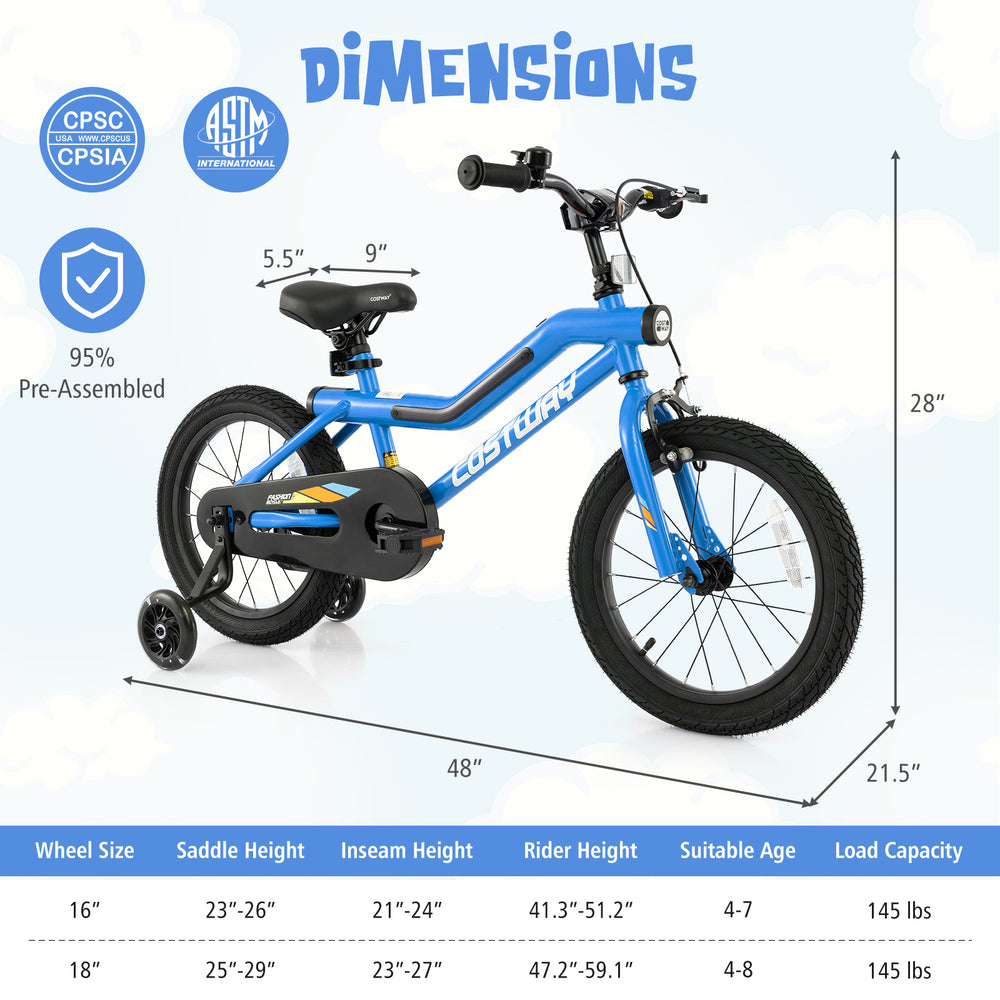 16-inch kids bike in blue with adjustable seat, training wheels, and LED lights, suitable for 4-7 years old children.