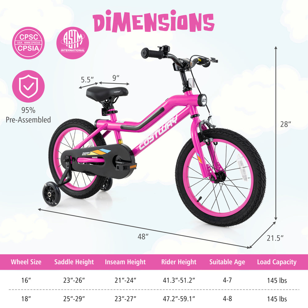 16-inch LED lighted kids bike in pink with training wheels, adjustable seat, and safety features for ages 4-7 years.