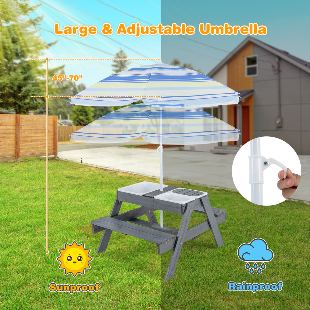 Kids picnic table set with a large adjustable umbrella, featuring removable bins for versatile outdoor use.