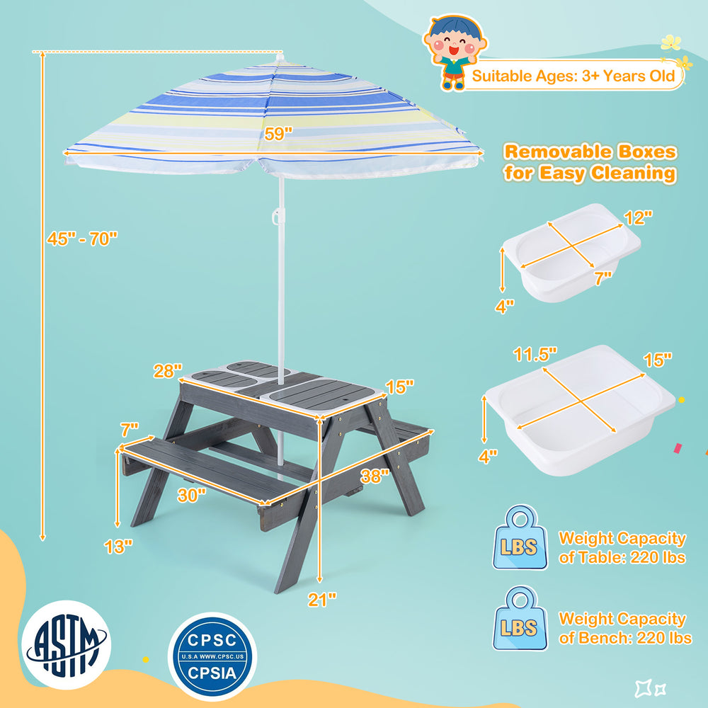 Kids picnic table set in gray with removable bins and adjustable umbrella for outdoor play and activities.