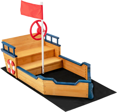 Costway Kids Pirate Boat Wooden Sandbox Outdoor Playset 47059168 New
