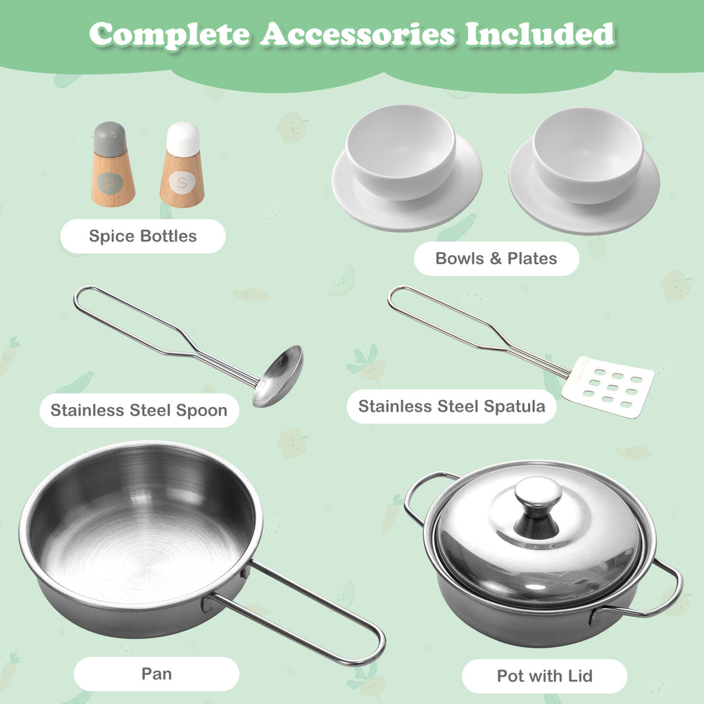 Complete accessory set for kids' kitchen playset, including stainless steel pan, pot with lid, bowls, and utensils.