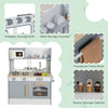 Double-sided kids pretend kitchen playset in cafe-gray with spacious storage, realistic cooking features, and foldable.