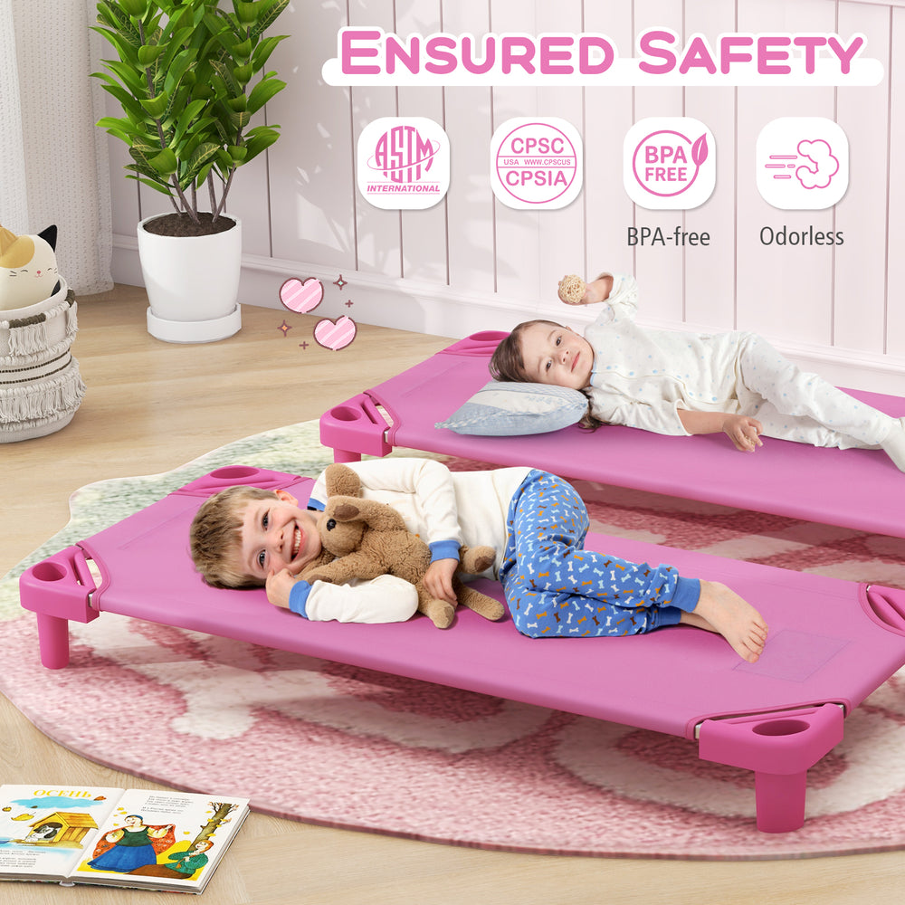 Kids stackable daycare cot in pink with detachable Oxford cloth, designed for comfort and easy cleaning, perfect for.