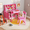 Close-up of the pink kids study desk's storage hutch with toys and supplies, designed for ages 3 and up.