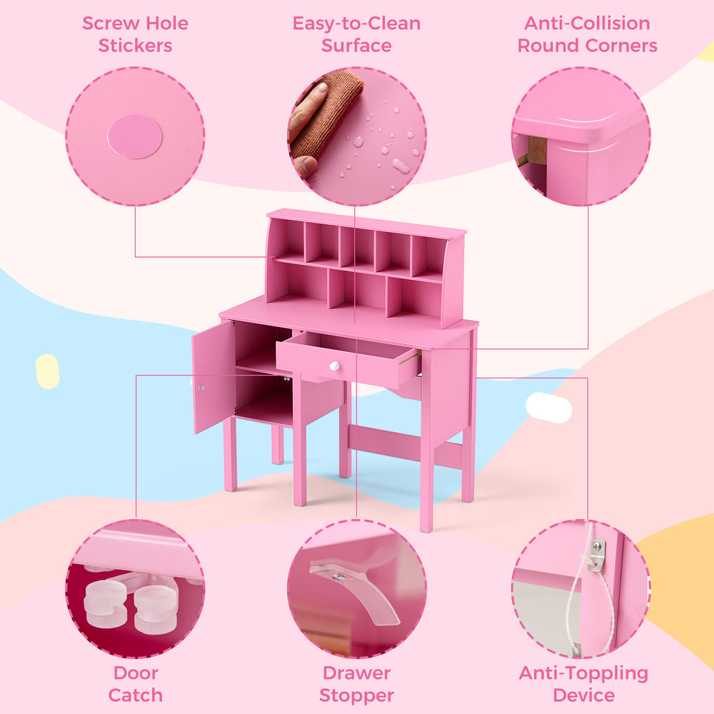 Kids study desk and chair set in pink with hutch, storage cabinet, and anti-collision round corners for safe use.