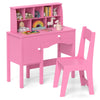 Pink kids study desk and chair set with a hutch, ideal for organizing toys and supplies for children aged 3 and up.