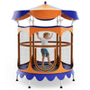 Kids trampoline with detachable orange canopy and safety enclosure net, designed for indoor and outdoor fun.