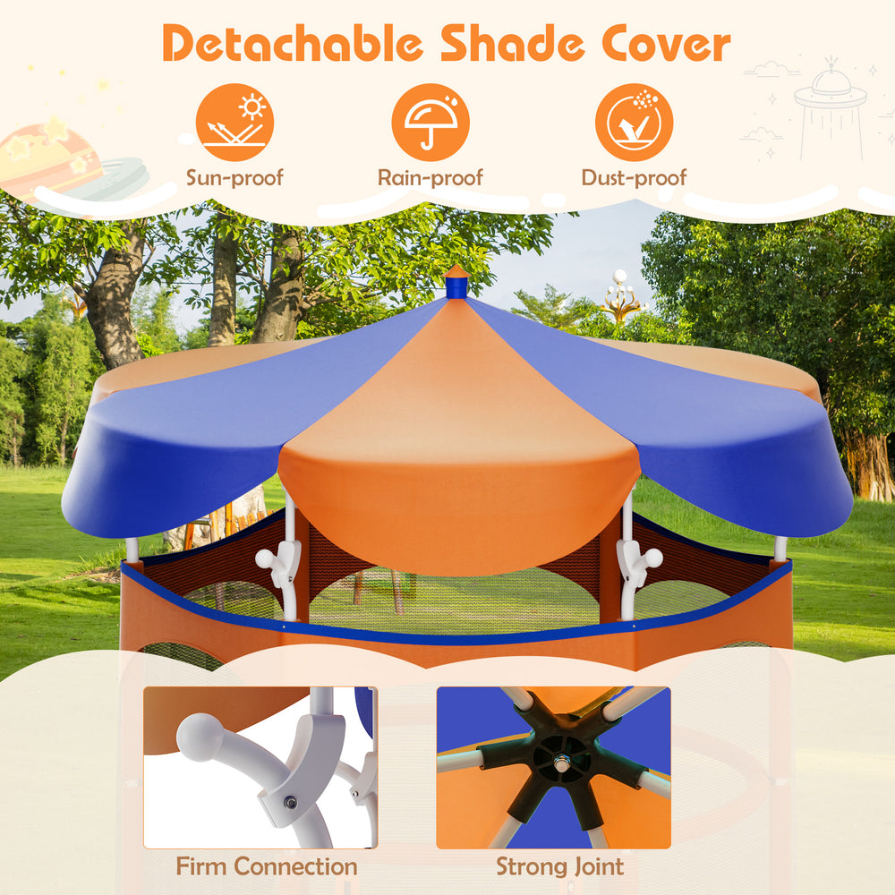 Detachable orange canopy for 64-inch kids trampoline, rain-proof and sun-proof, with safety enclosure net for outdoor.