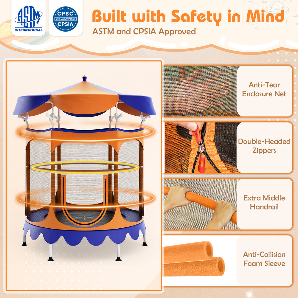64 Inch Kids Trampoline with Detachable Canopy and Safety Enclosure Net-Orange - Gallery View 1 of 8