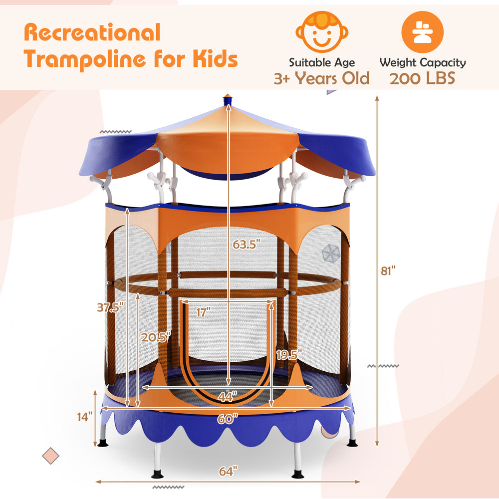 64-inch kids trampoline with detachable canopy, safety enclosure net, and foam-wrapped handrail for outdoor fun.