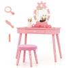 Kids vanity set in pink with lighted mirror, spacious drawer, and soft stool for makeup or study in playroom.