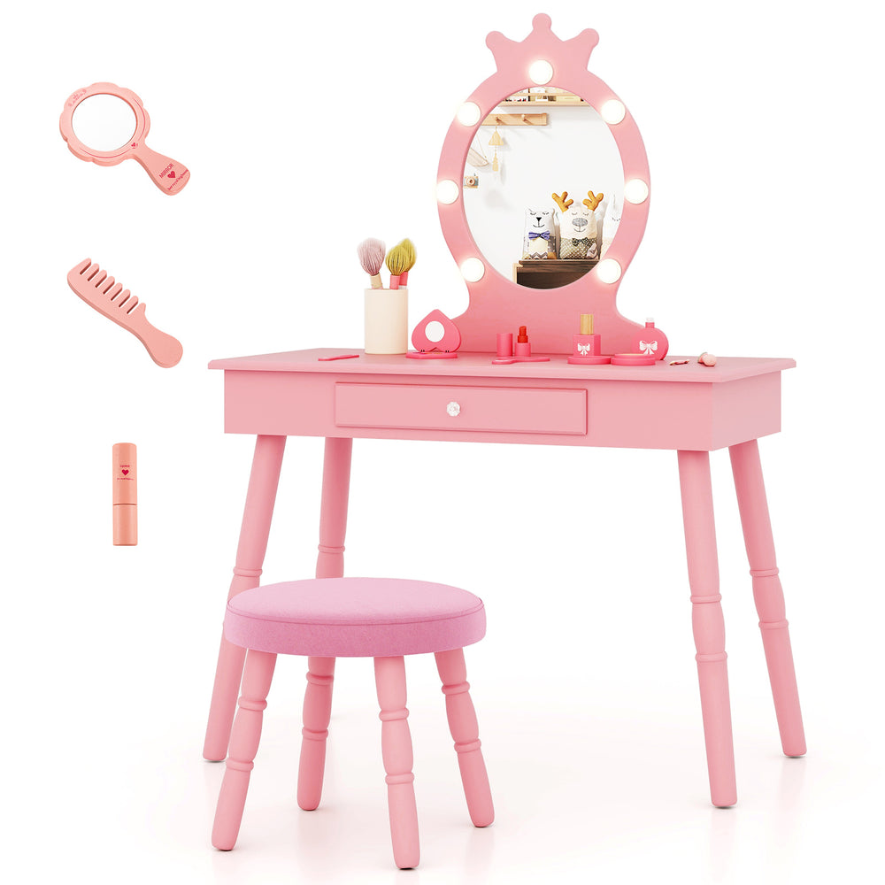 Kids vanity set in pink with lighted mirror, spacious drawer, and soft stool for makeup or study in playroom.