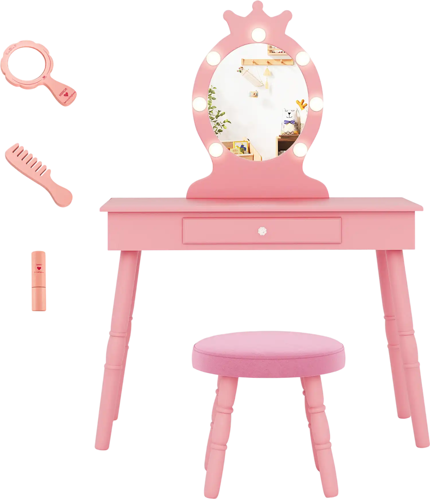 Costway Kids Vanity Set Lighted Mirror Adjustable Brightness Large Drawer 21638475 New