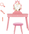 Kids vanity set in pink with lighted mirror, adjustable brightness, large drawer, and soft padded stool for fun and.