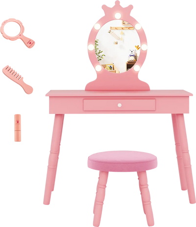 Costway Kids Vanity Set Lighted Mirror Adjustable Brightness Large Drawer 21638475 New