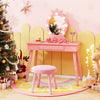 Kids vanity set in pink with lighted mirror, large drawer, and soft stool, perfect for playrooms and bedrooms.