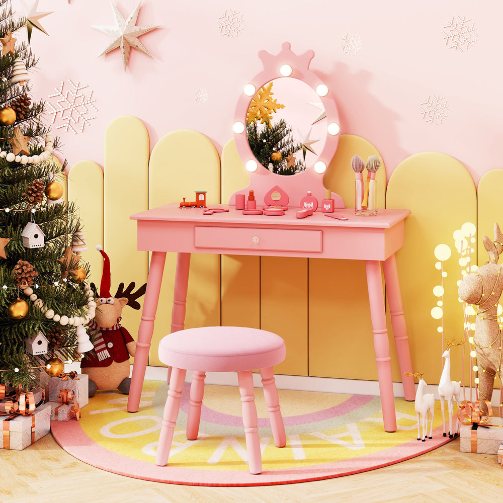 Kids vanity set in pink with lighted mirror, large drawer, and soft stool, perfect for playrooms and bedrooms.