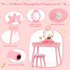 Kids vanity set in pink with a shatter-proof mirror, spacious drawer, and adjustable LED lights for fun and safe use.