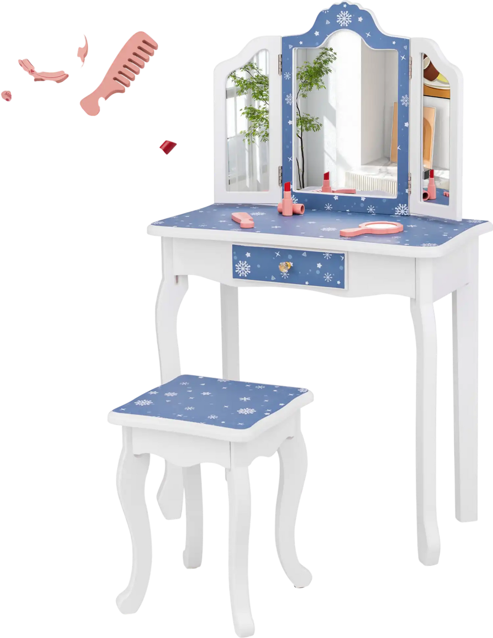 Princess pretend play makeup table set with tri-folding mirror, blue surface, and curved legs for kids' safe use.