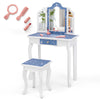 Princess Pretend Play Makeup Table and Stool Set with Tri-folding Mirror-Blue - Gallery View 1 of 3