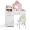 White kids vanity table with storage cabinet, cloud-shaped mirror, and open shelf, perfect for playroom or bedroom use.