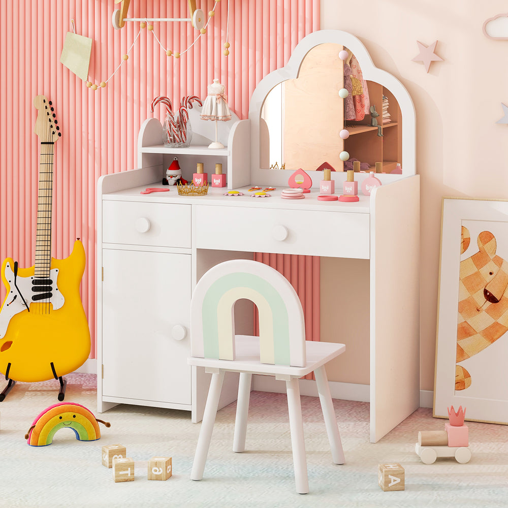 Kids vanity table set in white with cloud-shaped mirror, open shelf, and matching chair for playroom or bedroom use.