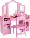 Kids pink vanity table and chair set with removable mirrors and 4 storage bins, perfect for playroom organization.