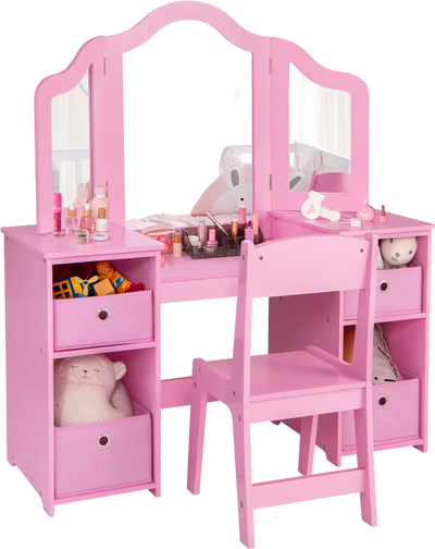Costway Kids Vanity Table & Chair Set Removable Mirrors 4 Storage Bins 89723614 New