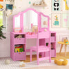 Kids vanity table and chair set in pink with removable mirrors and storage bins, perfect for playrooms or bedrooms.
