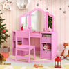 Kids vanity table and chair set in pink with removable mirrors and storage bins, ideal for a child's room.