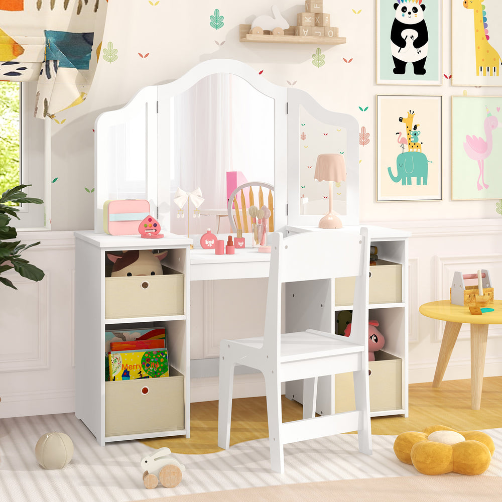 Kids Vanity Table and Chair Set with Removable Mirrors and 4 Storage Bins-White - Gallery View 1 of 13