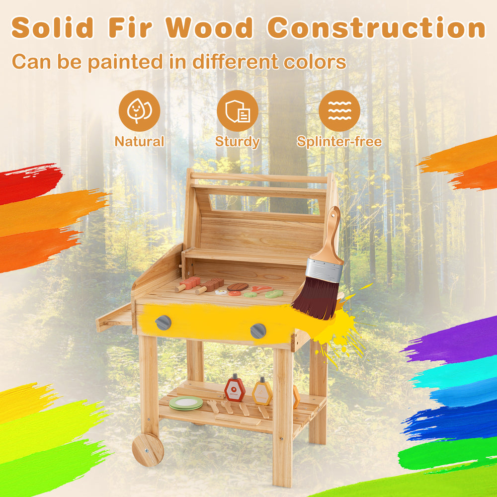 Kids wooden barbecue grill playset with solid fir wood construction and 25 accessories, perfect for imaginative play.
