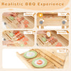 Kids wooden barbecue grill playset with food accessories, featuring skewer and serve functions for realistic play.
