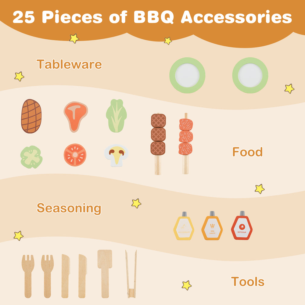 Kids wooden barbecue grill playset with 25 accessories, featuring realistic BBQ experience for imaginative play.