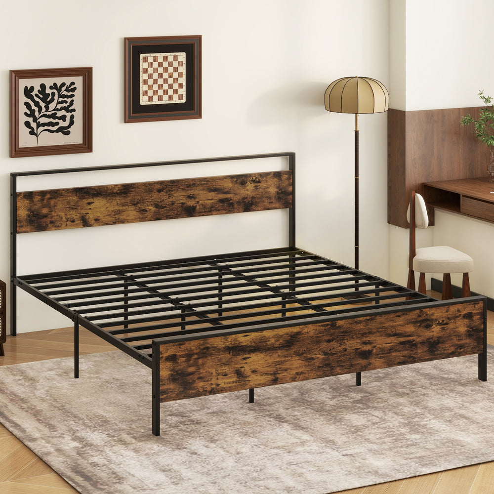 King Metal Bed Frame Industrial Platform Bed with Wooden Headboard-King Size - Gallery View 1 of 10