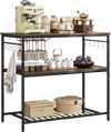 Kitchen island with three shelves, wine glass holders, and 10 hooks in gray, perfect for kitchen storage and food prep.